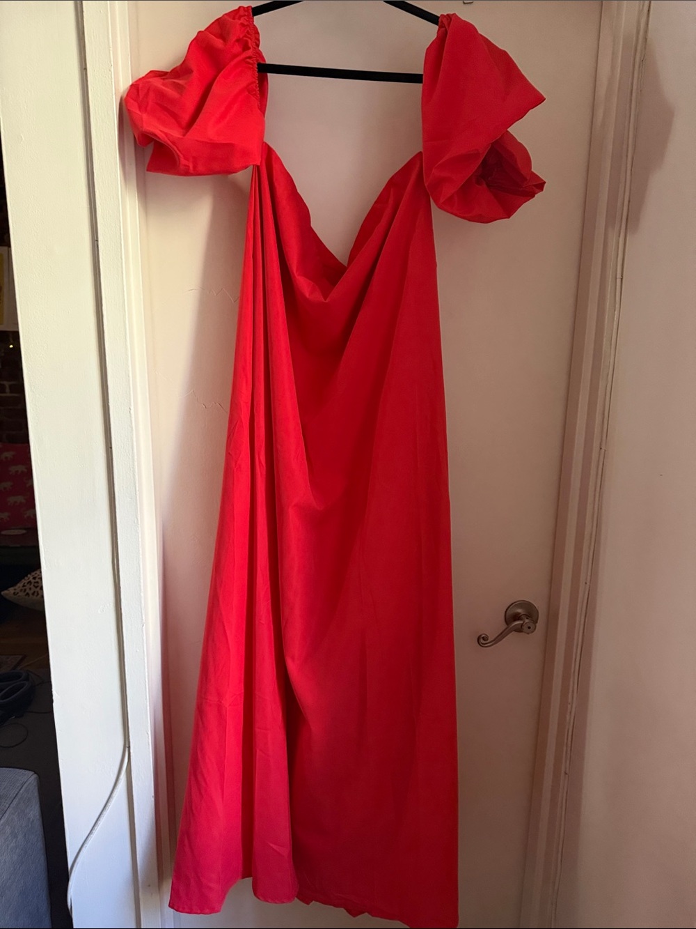 Red Off-Shoulder Maxi Dress with Puff Sleeves